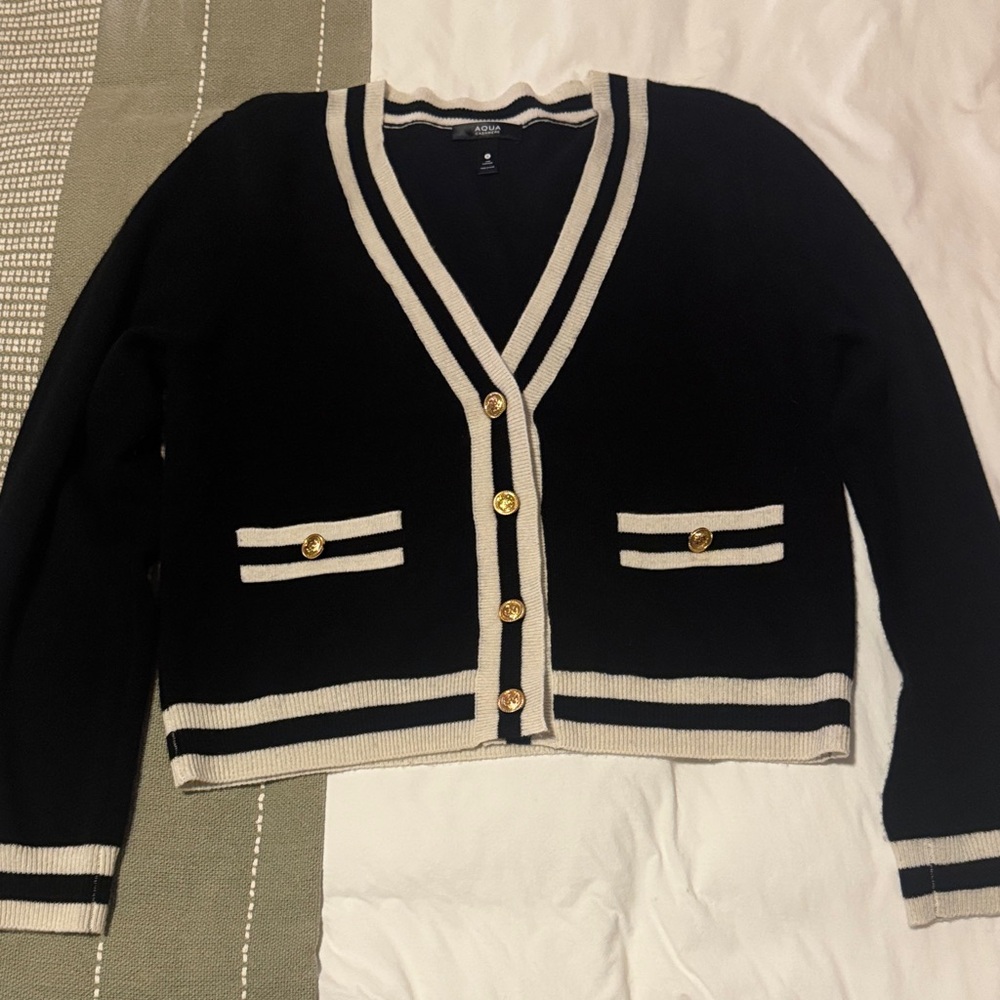 Aqua Black and Cream Cashmere Cardigan with Gold Buttons